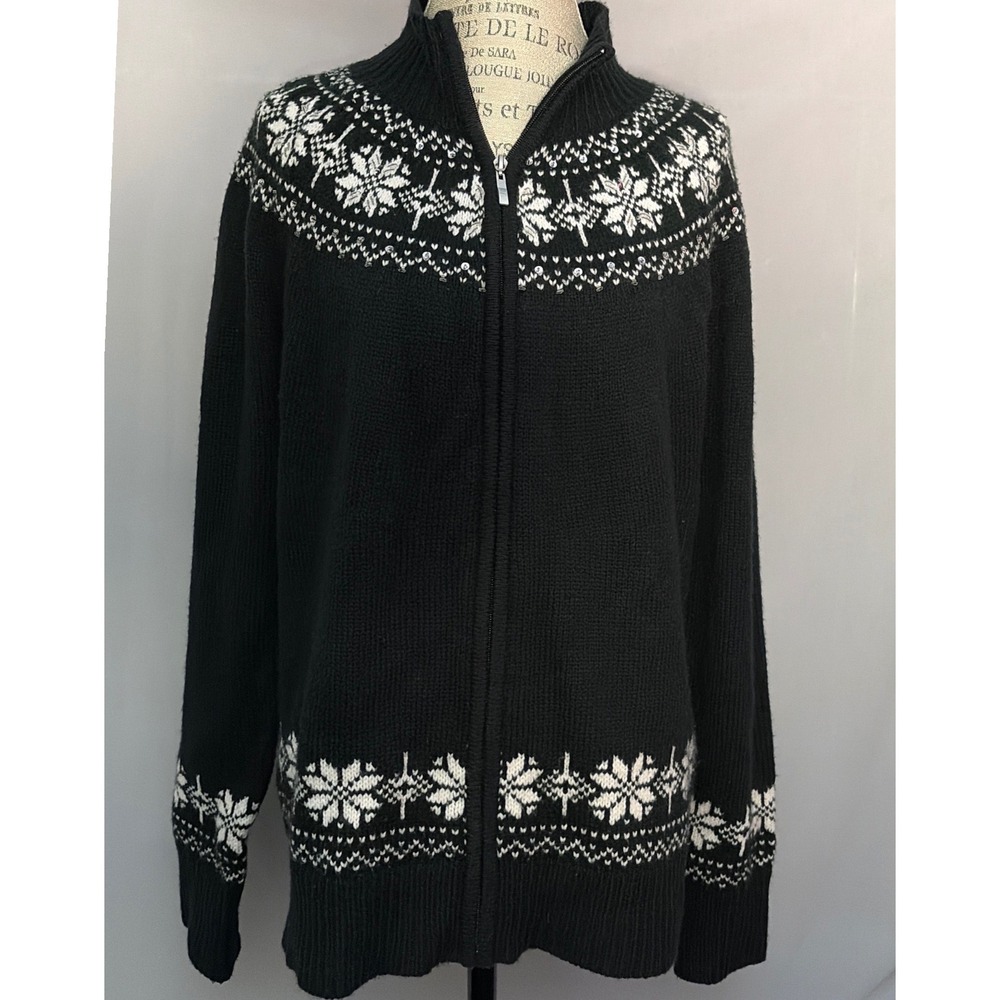 Basic Editions Black Fair Isle Snowflake Sequin Full Zip Sweater XL